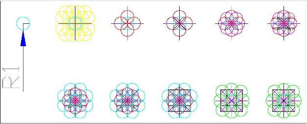 Costruzione geometrica della Quadratura del cerchio R.= 1 mm.
